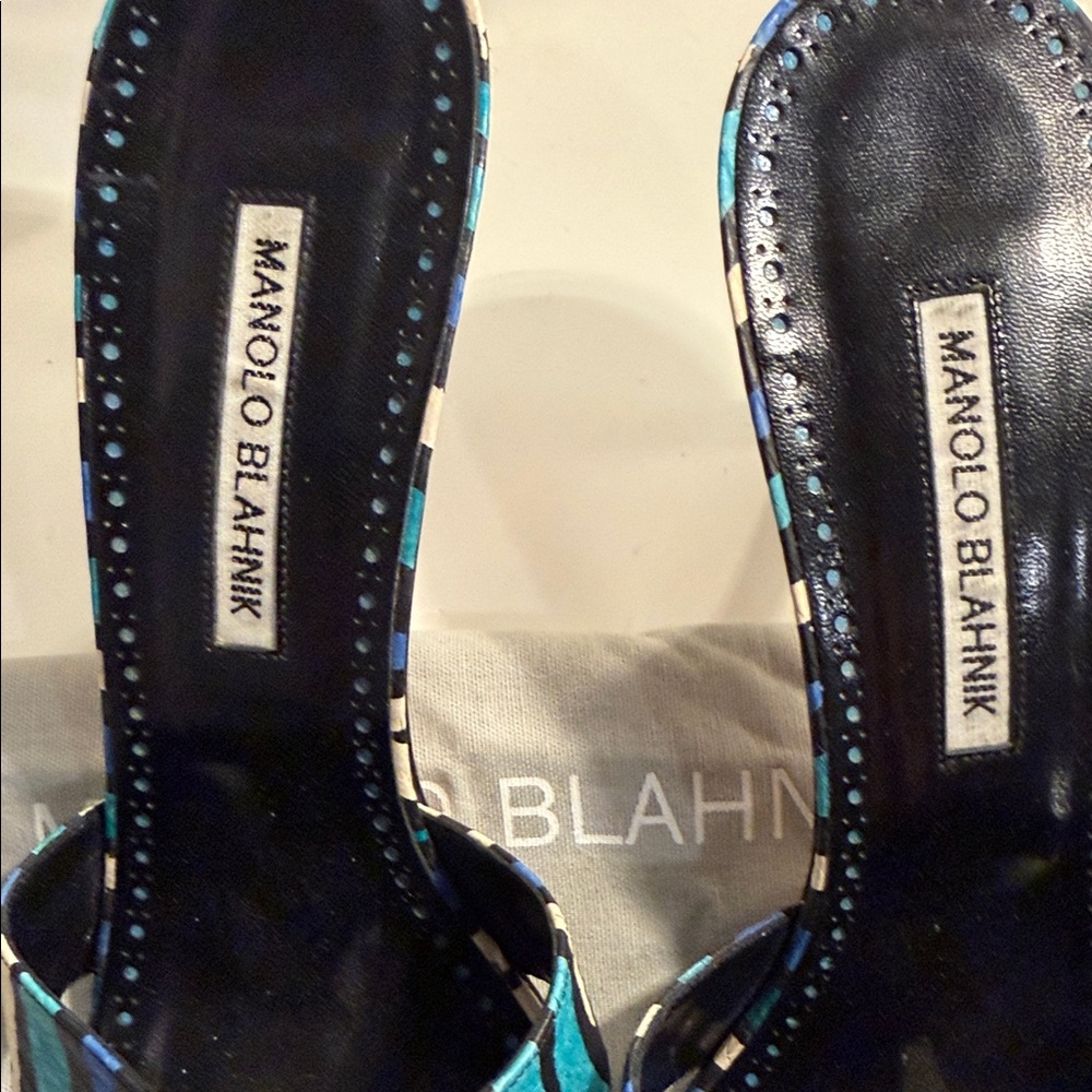 Manolo Blahnik Blue and Black Striped Heels - Picture 2 of 6